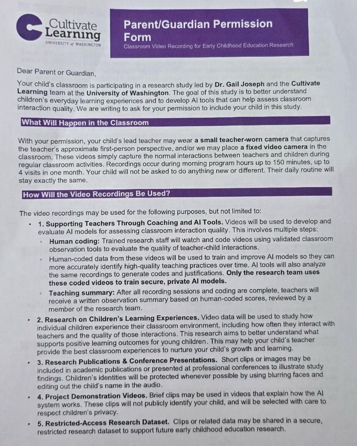 Notice Given to Parents: Researchers Wanted Preschool Teachers to Wear Cameras to Record Everything They Saw From a First-Person Perspective, Including The Children They Were Teaching, to Train AI.