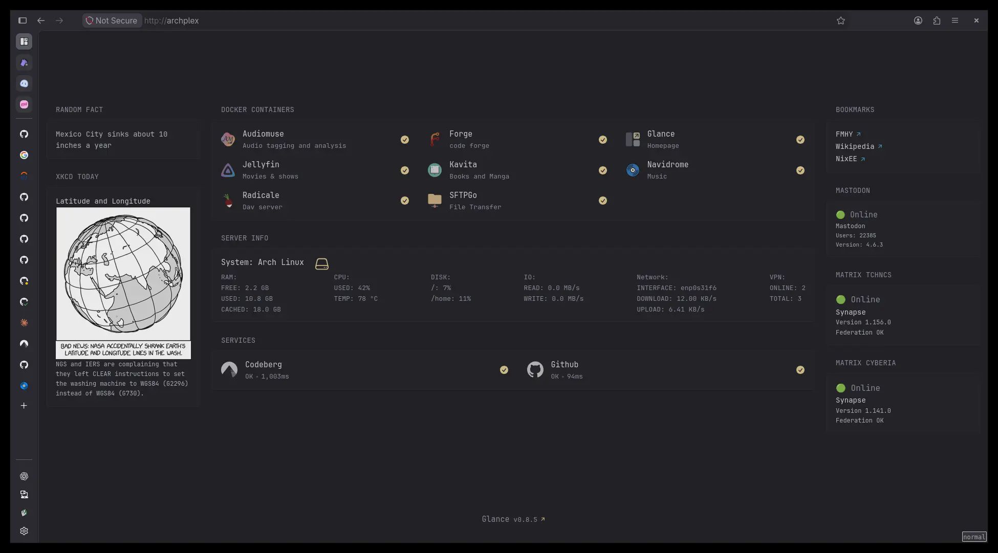 A firefox browser showing the home page setup for my server. The page is a glance homepage