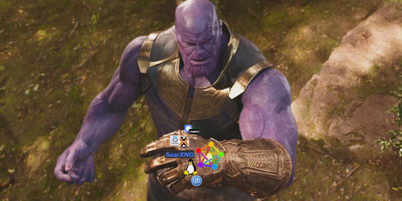 Thanos looking at the Infinity guantlet with the gems replaced with pictures of Signal, Matrix chat, OpenWRT, Proxmox, SearXNG, Linux,  Bit Torrent, and the Fediverse.